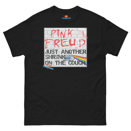 Pink Freud mashup tee blending rock and psychoanalysis, featuring Dark Side of the Moon prism. Quantum Fashion by Technium Foundry.