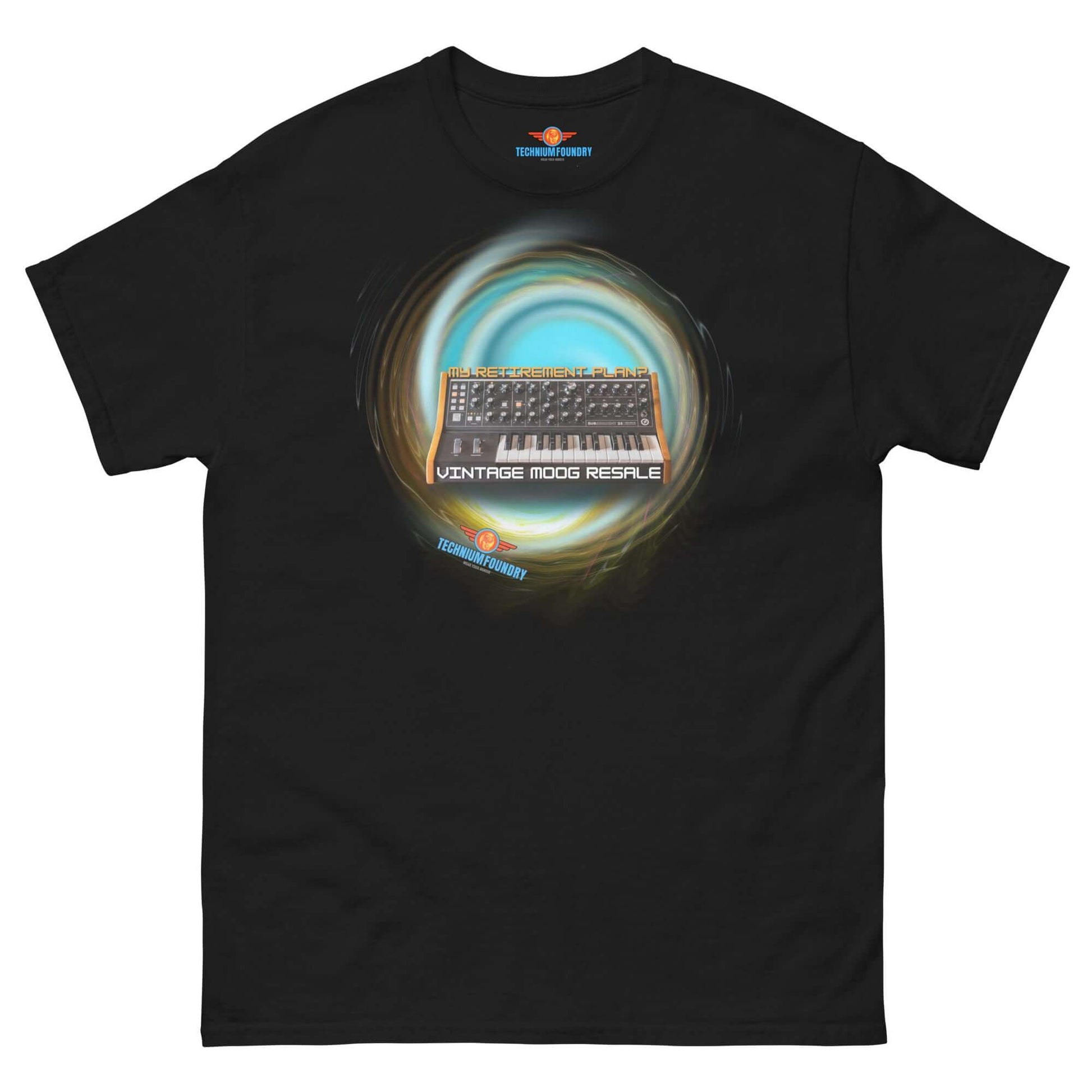 Vintage Moog Resale Tee featuring Moog synthesizer floating in vortex, capturing analog dreams and cosmic sound waves.