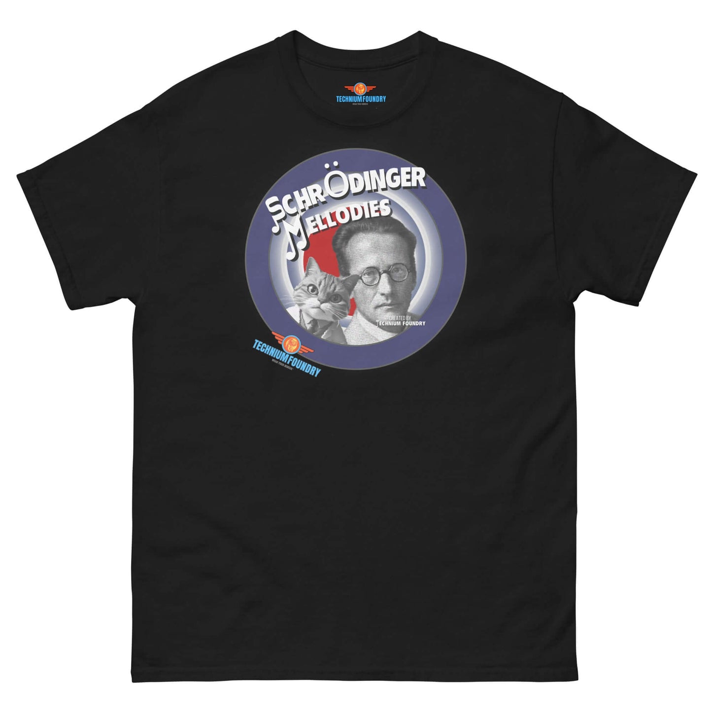 Black "Schrödinger's Melodies" tee featuring quantum physics and music-inspired design.