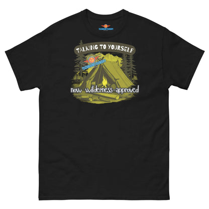 "Talking to Yourself Tee with Cozy Camping Scene Design for Outdoor Debugging Enthusiasts"