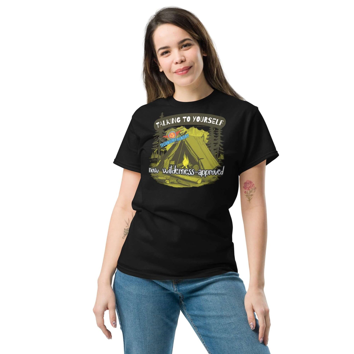 Woman wearing "Talking to Yourself: Now Wilderness-Approved" tee with camping design, perfect for outdoor coding adventures.