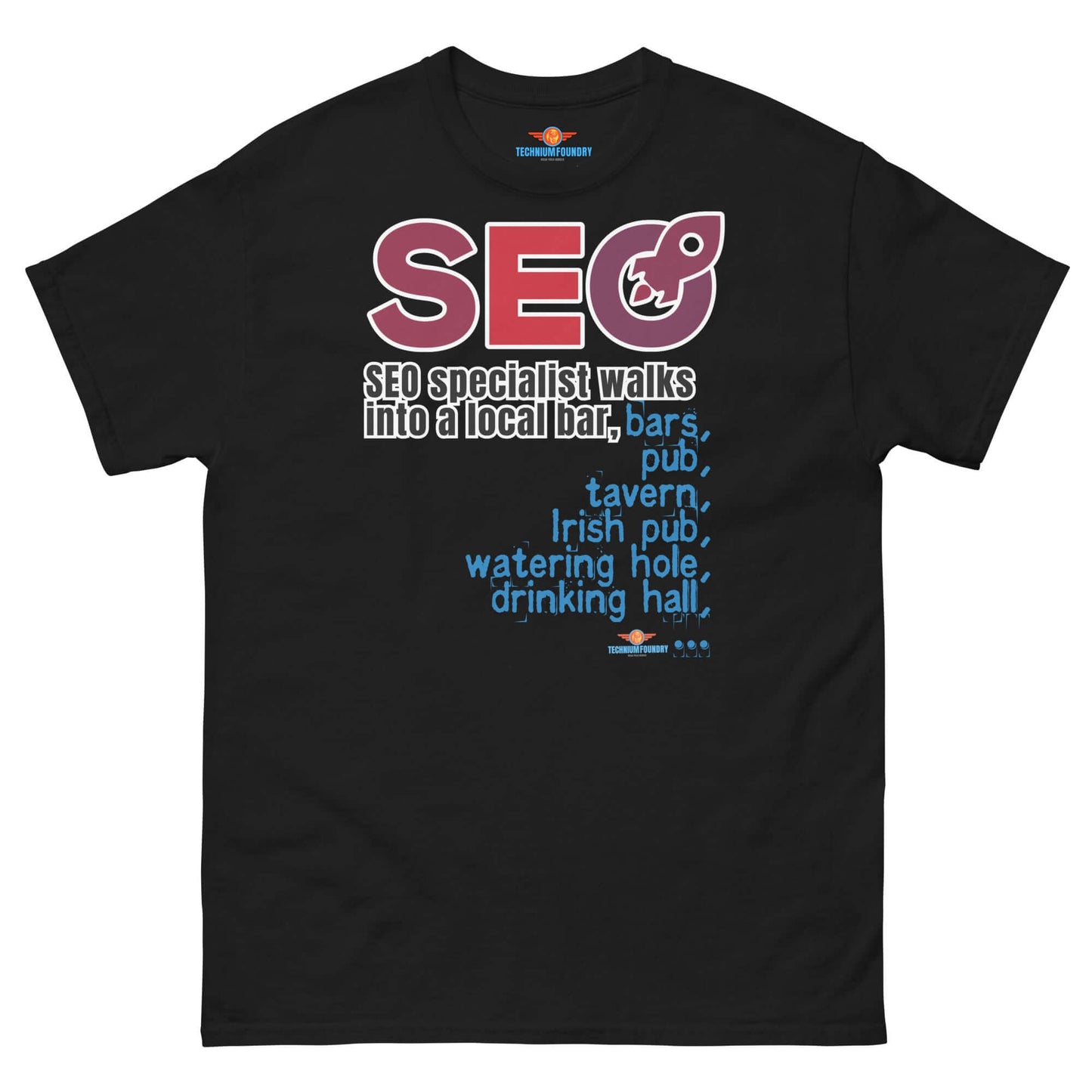 SEO Specialist Walks into a Bar tee with humorous keyword-stuffed design on black shirt