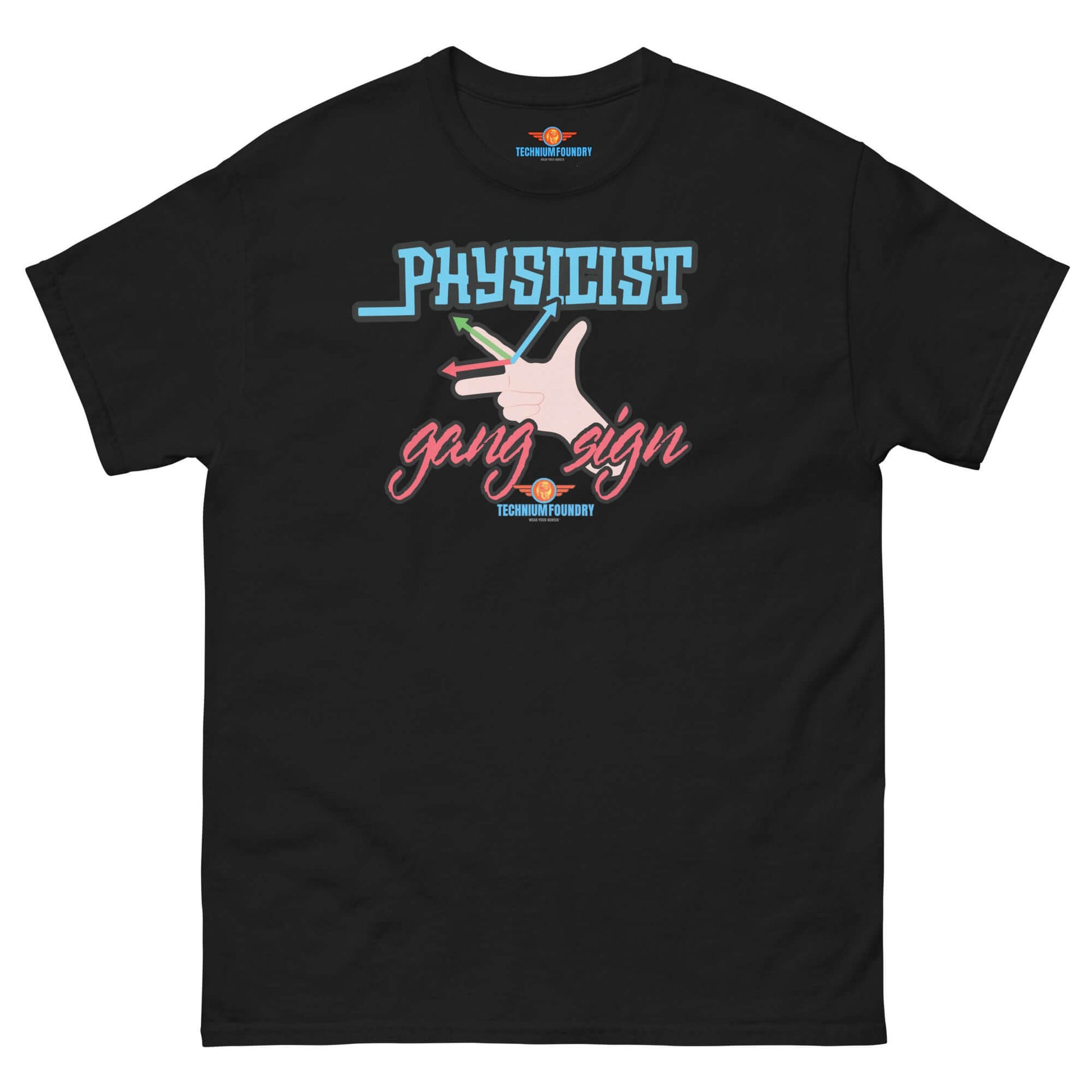 "Physicist Gang Sign Tee with vector hand gesture design on black shirt combining science humor and street style."