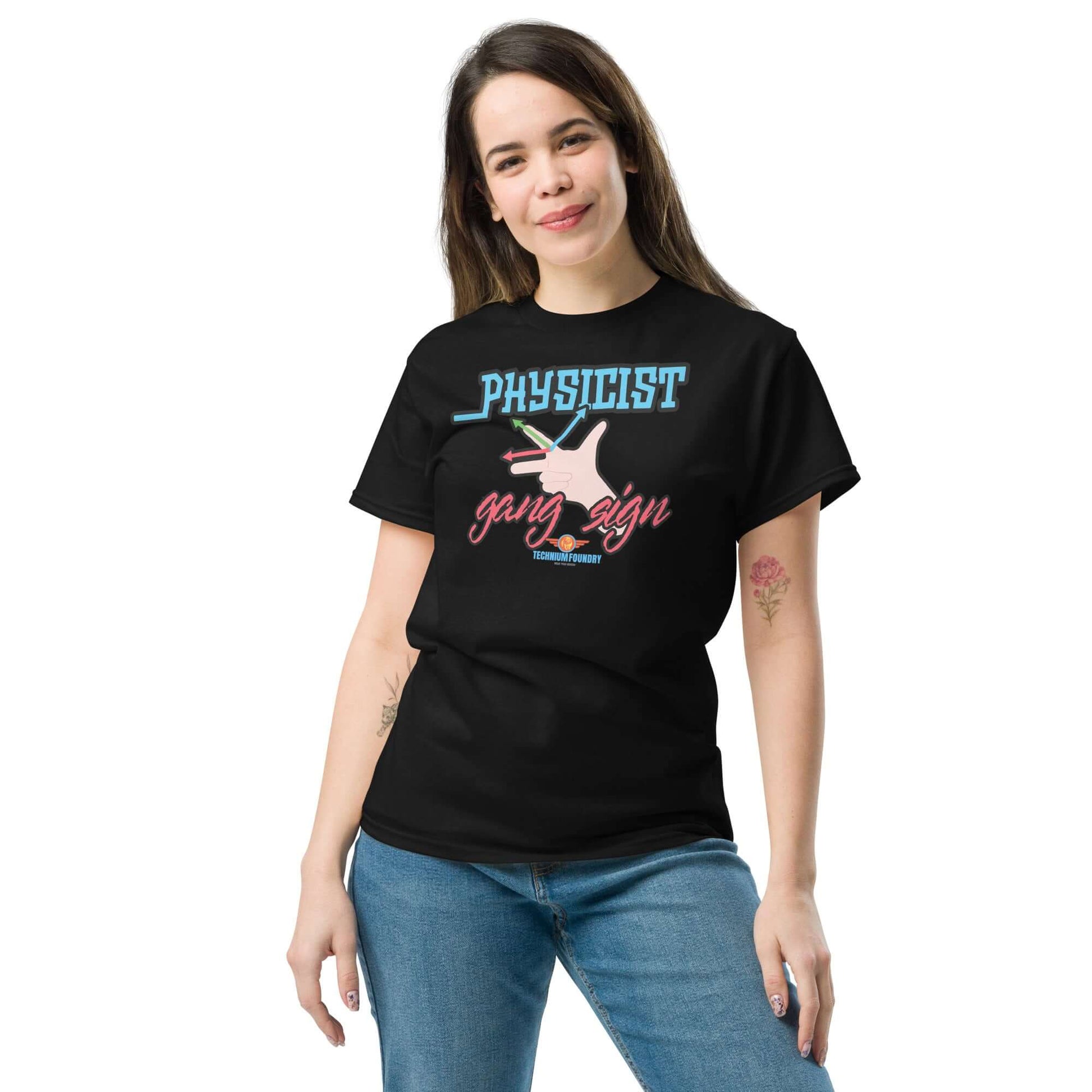 Woman wearing "Physicist Gang Sign" tee, blending vector math with street style for academic humor.