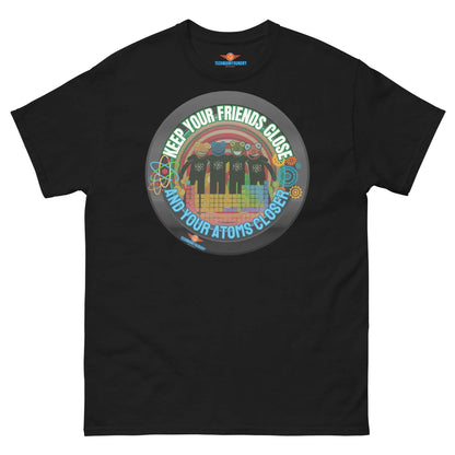 "Keep Your Friends Close Tee with atoms design and cityscape backdrop, celebrating friendship and molecular bonding."