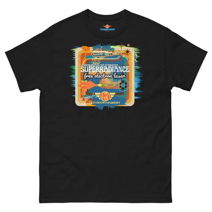 Superradiance Free Electron Laser T-Shirt with retro science design on black premium cotton blend.