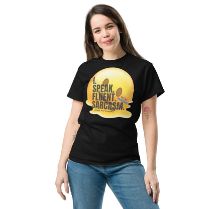 Woman wearing "I Speak Fluent Sarcasm (and Python)" T-shirt with melting design, perfect for tech enthusiasts with a humorous touch.