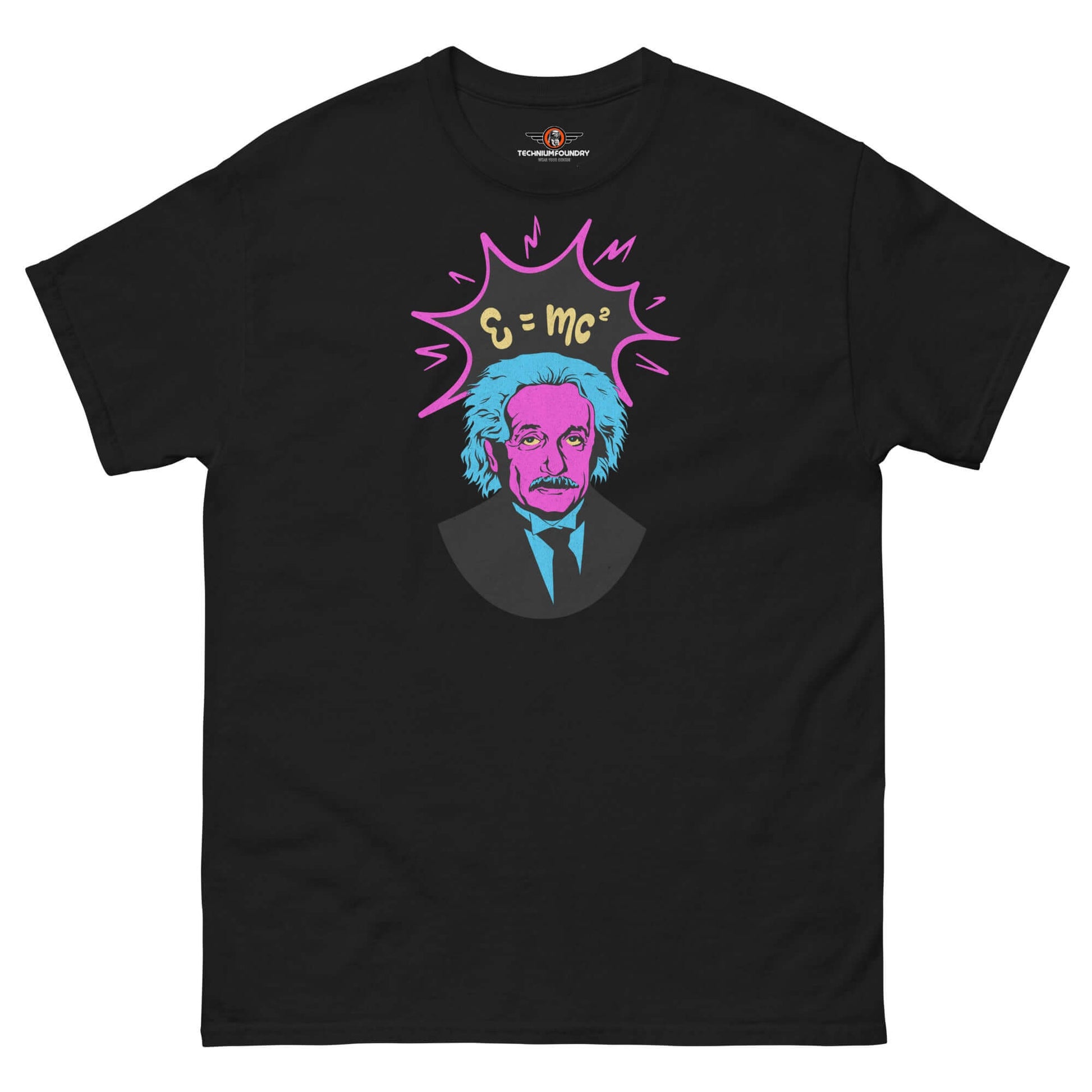 Pop art Einstein t-shirt featuring E=mc² design with neon colors on black cotton by Technium Foundry.