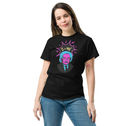 Woman wearing E=mc² pop art Einstein t-shirt in black with neon colors, designed by Technium Foundry.