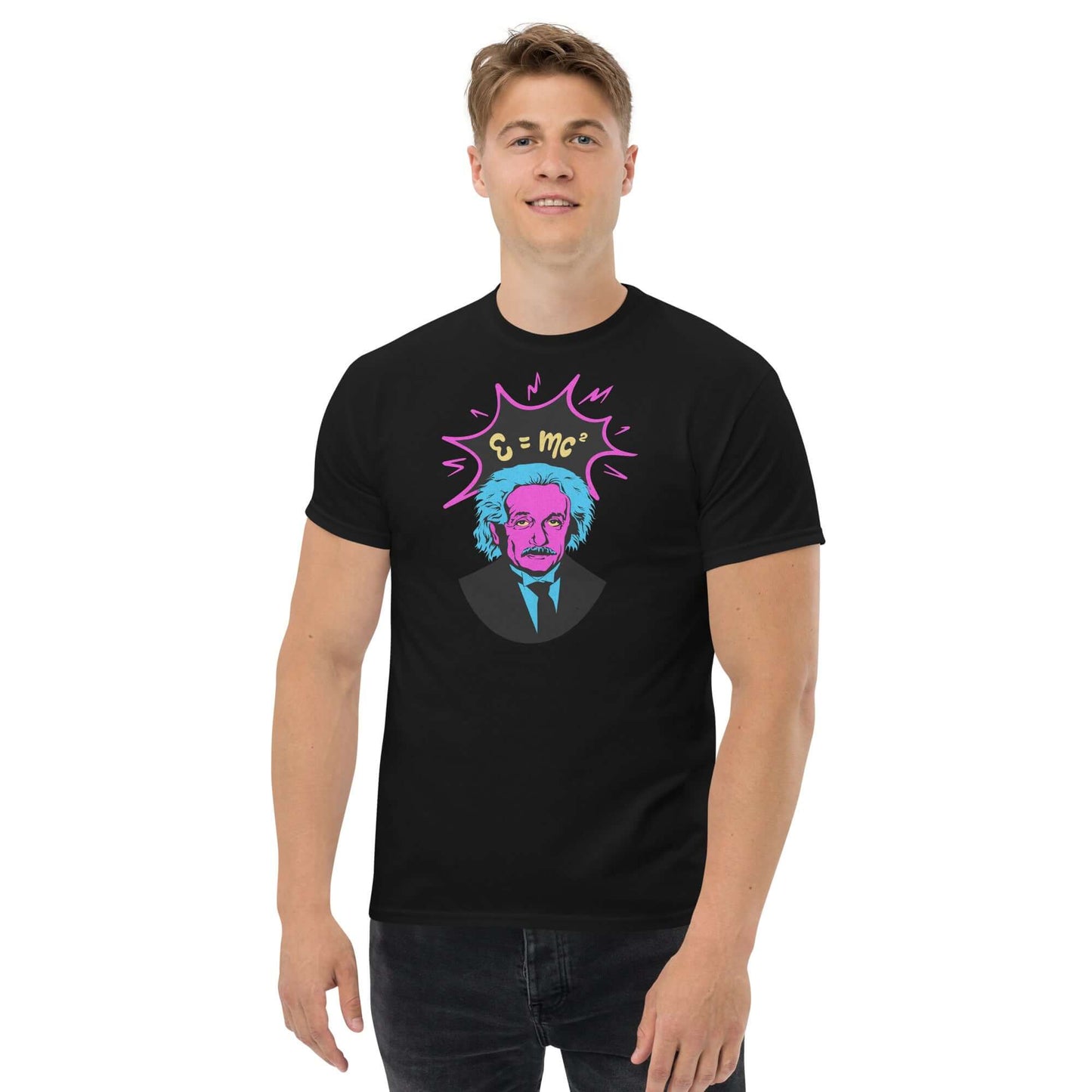 Man wearing E=mc² pop art Einstein T-shirt by Technium Foundry with neon pink and cyber-punk design.