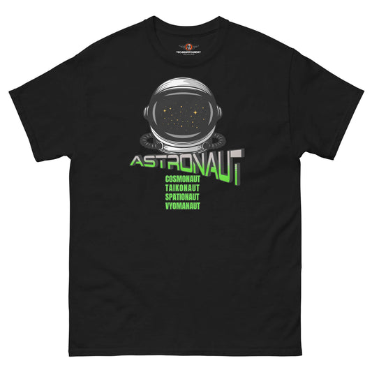 Space Explorer Synonyms T-Shirt with astronaut helmet design by Technium Foundry, featuring cosmic vocabulary on black fabric.