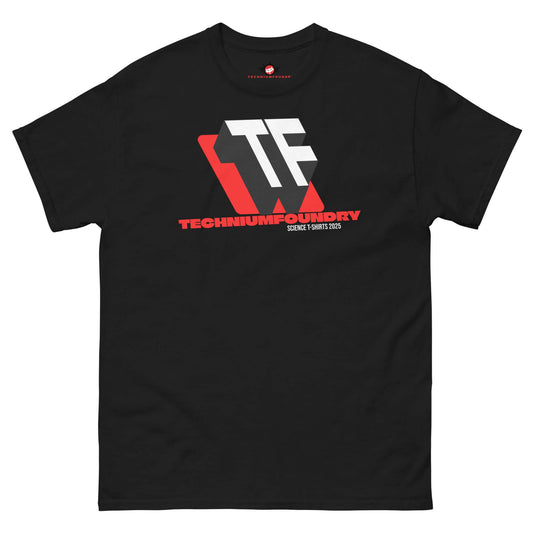 Black T-shirt featuring Technium Foundry 2025 TF logo with bold geometry and red accents.