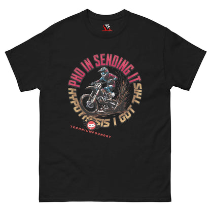 PhD in Sending It T-Shirt featuring dirt bike rider, perfect for science geeks. Technium Foundry's quantum apparel collection.