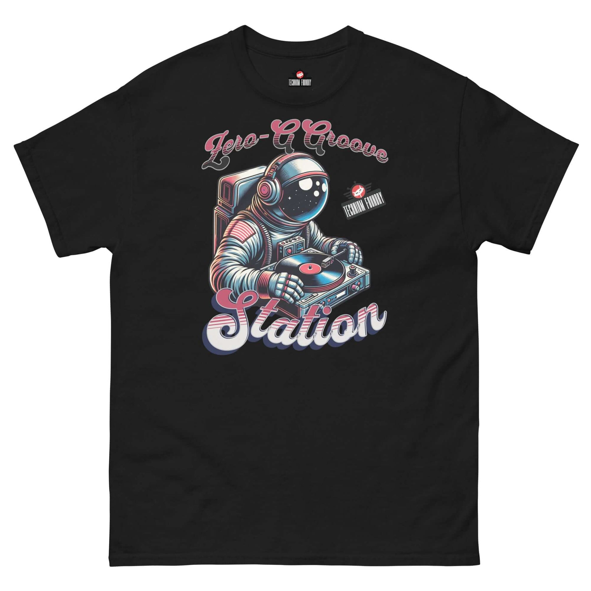 Black Zero-G Groove Station T-shirt featuring a space-themed DJ design by Technium Foundry.