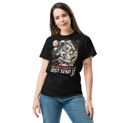 Woman wearing Newton's Fourth Law T-shirt by Technium Foundry, featuring cosmic skater design with "Just Send It" slogan.