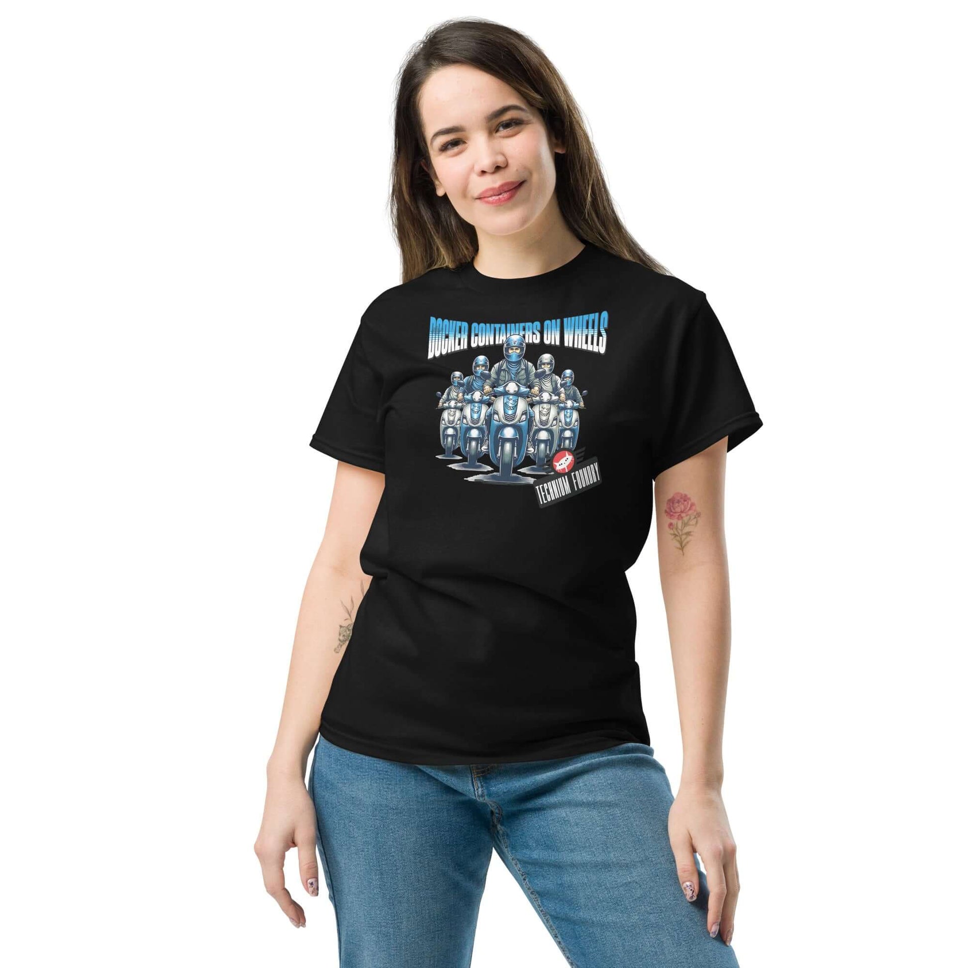 Woman wearing Docker Containers on Wheels T-shirt by Technium Foundry, featuring container orchestration design with scooters.