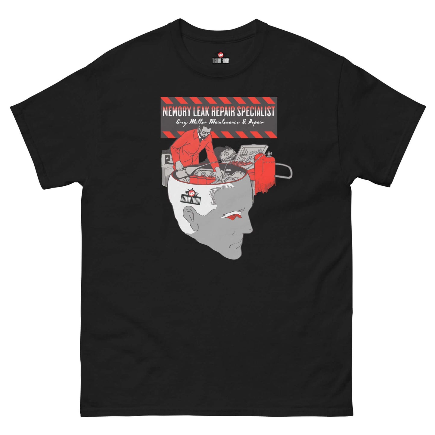 Black T-shirt featuring a "Memory Leak Repair Specialist" design with a brain-themed debugging illustration by Technium Foundry.