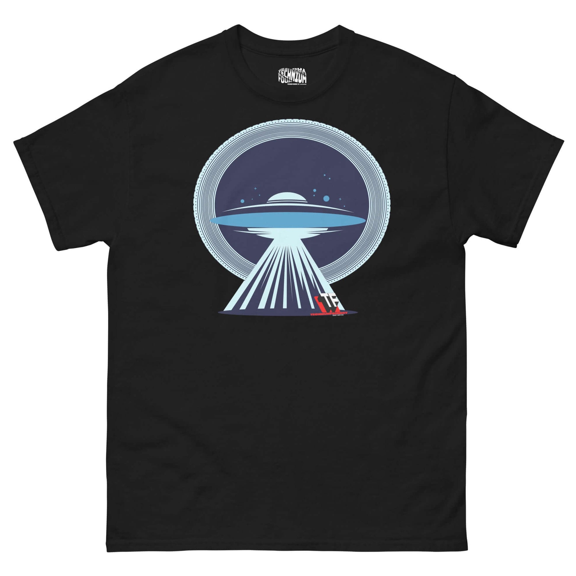 UFO Christmas T-shirt by Technium Foundry featuring minimalist UFO with festive sleigh in beam, limited edition holiday humor design.