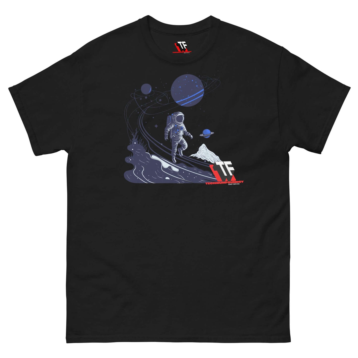 Cosmic Wanderer T-Shirt featuring astronaut in space, small leap for mankind design by Technium Foundry, black premium cotton.