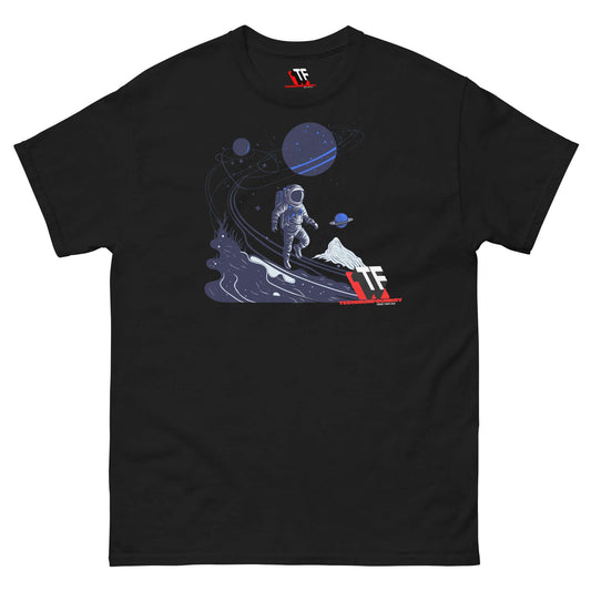 Cosmic Wanderer T-Shirt featuring astronaut in space, small leap for mankind design by Technium Foundry, black premium cotton.