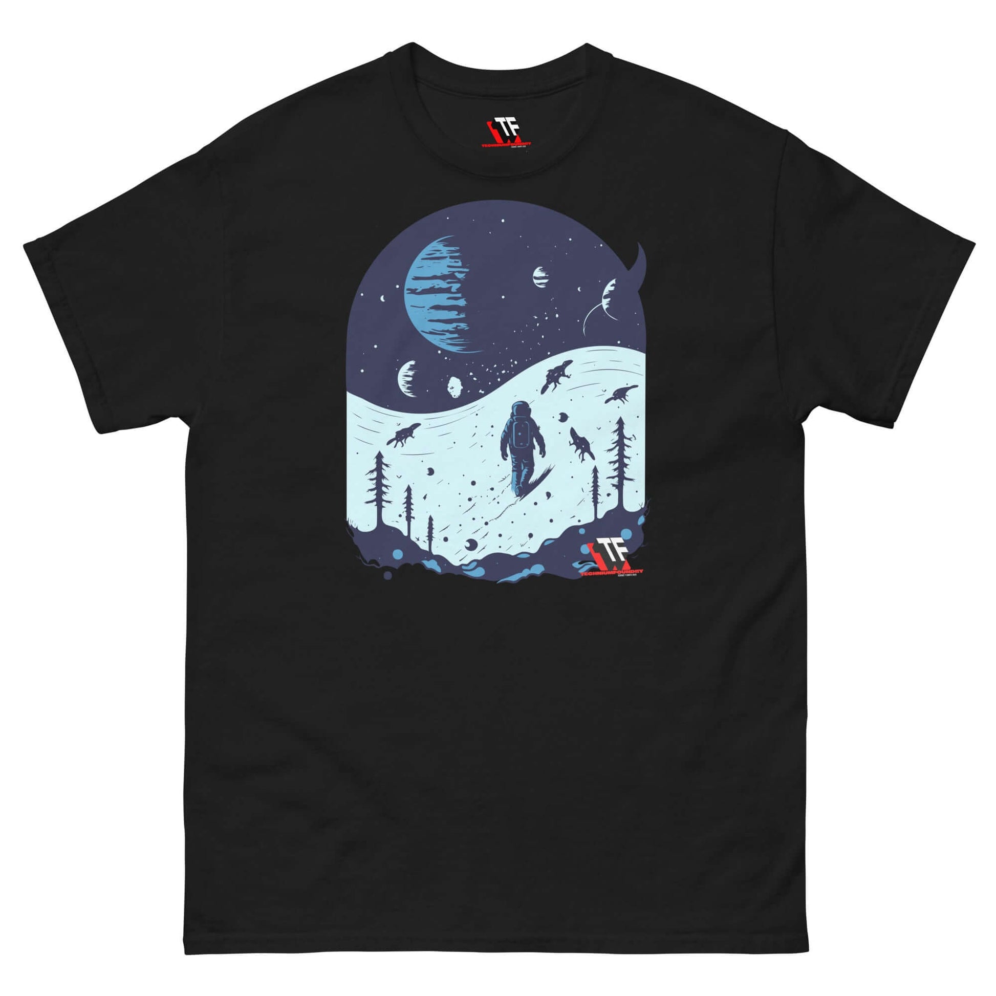 Space Dinosaur Slopes T-Shirt with astronaut skiing on alien planet with T-Rexes, by Technium Foundry (Jurassic Cosmic), black.