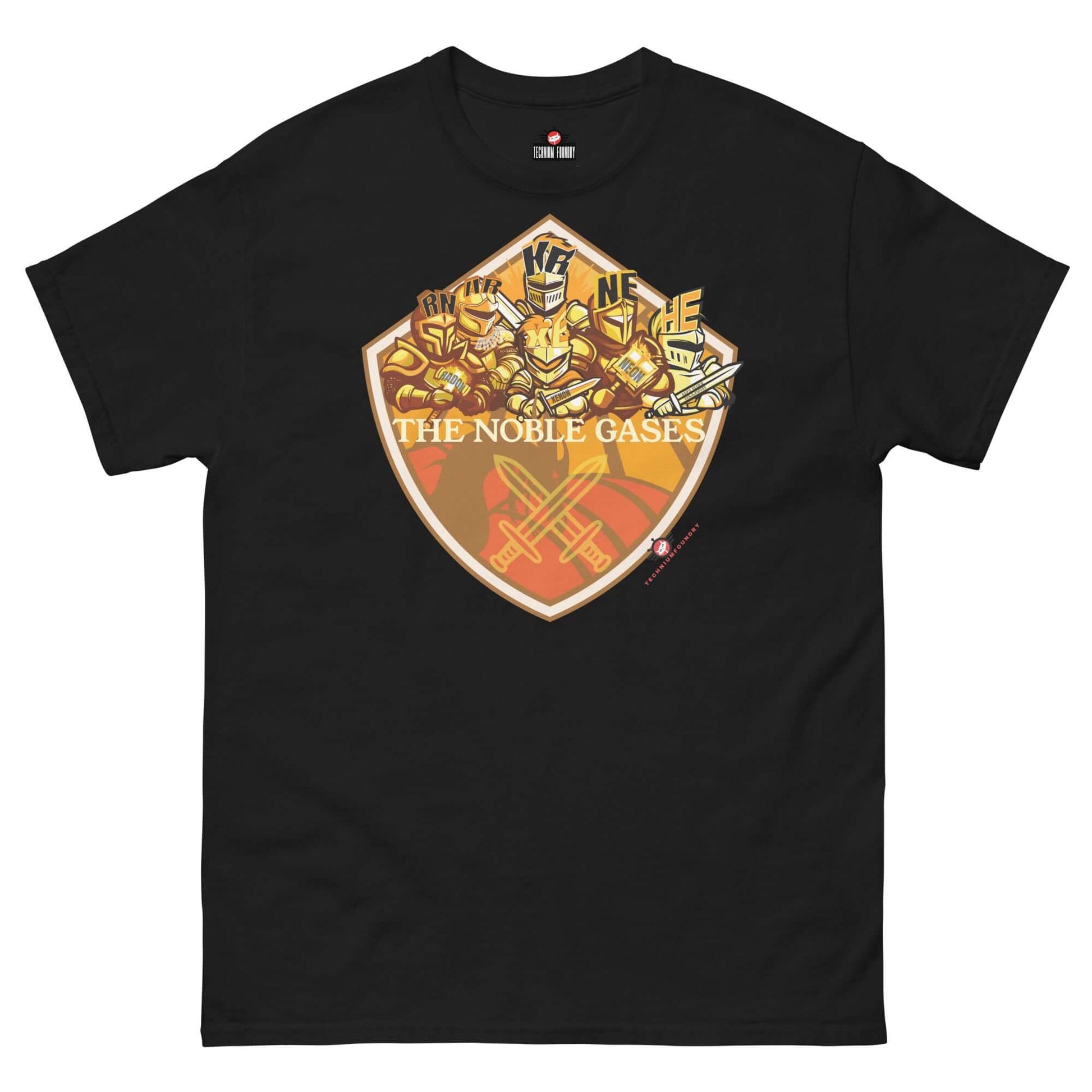 Noble Gases T-Shirt by Technium Foundry featuring heroic element knights in a medieval coat of arms design.