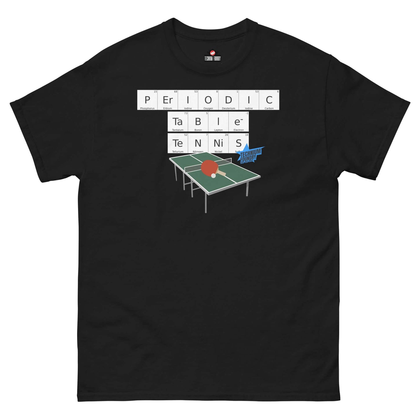 "Technium Foundry Periodic Table Tennis T-Shirt with chemistry and ping pong design"