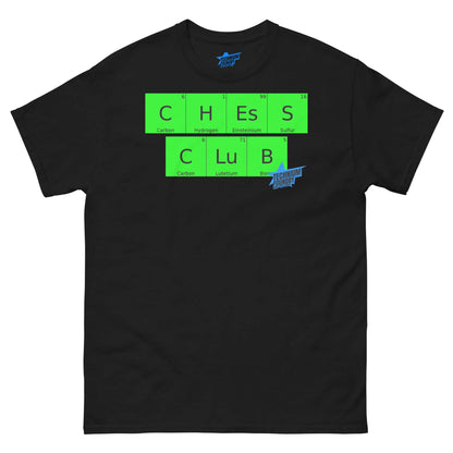 Black Chess Club T-Shirt by Technium Foundry featuring elements theme, combining chess and chemistry, available in sizes S-3XL.