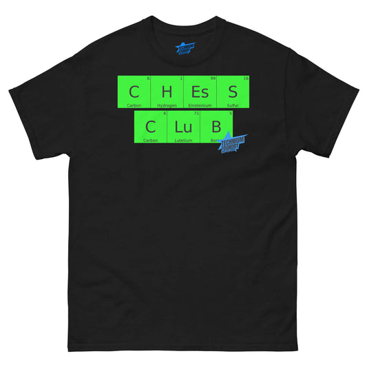 Black Chess Club T-Shirt by Technium Foundry featuring elements theme, combining chess and chemistry, available in sizes S-3XL.