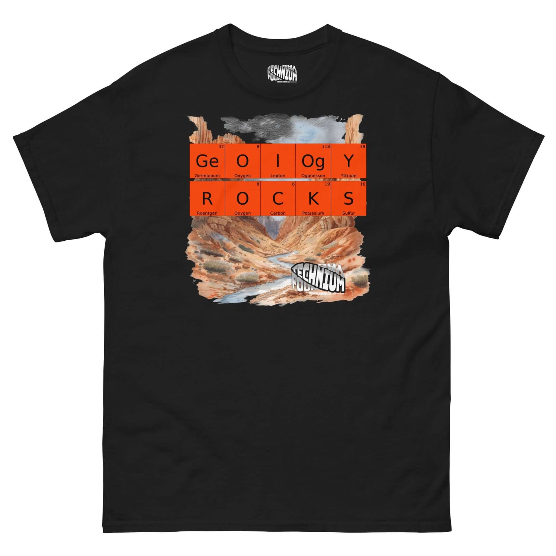 "GEOLOGY ROCKS T-shirt by Technium Foundry featuring periodic elements and a stunning landscape design."