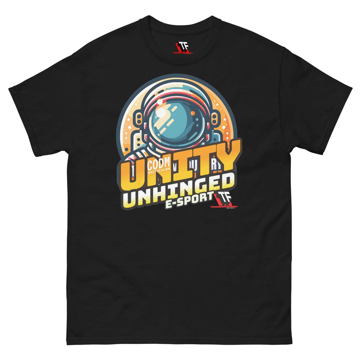 UNITY UNHINGED E-Sports T-Shirt by Technium Foundry featuring astronaut design in retro gaming style for CoD Mobile clan.