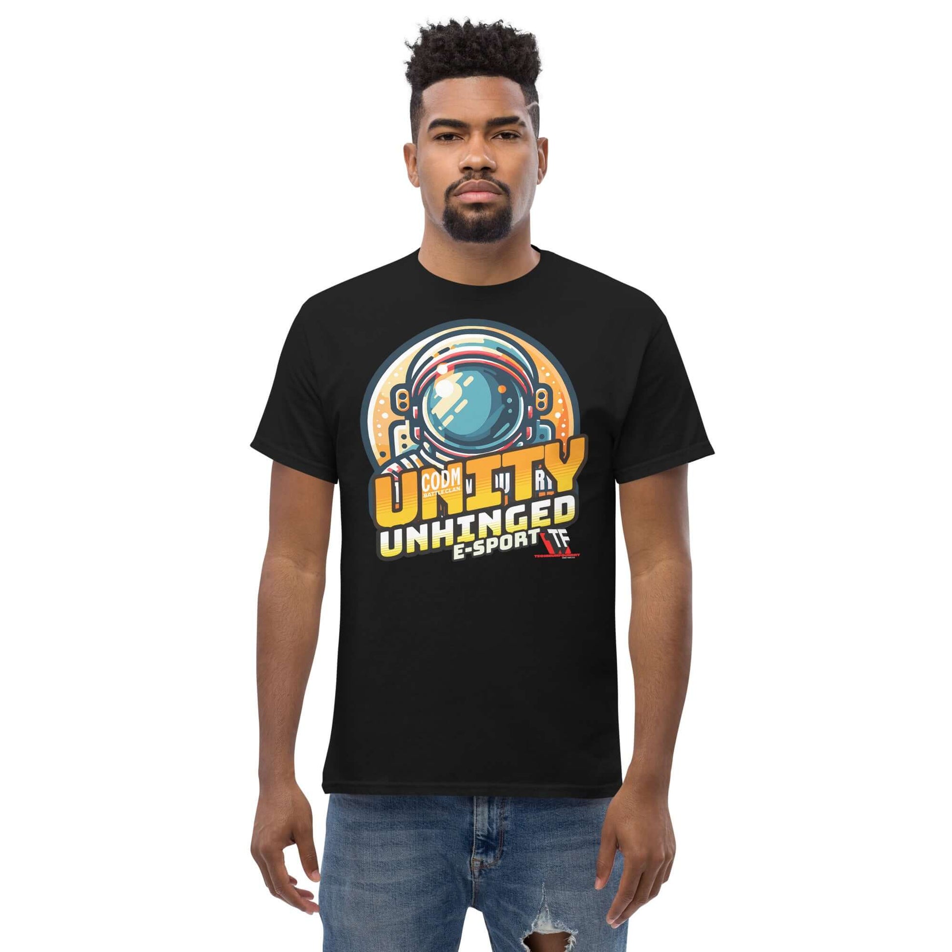 Technium Foundry UNITY UNHINGED E-Sports T-Shirt with astronaut design in retro style for competitive gaming fans.