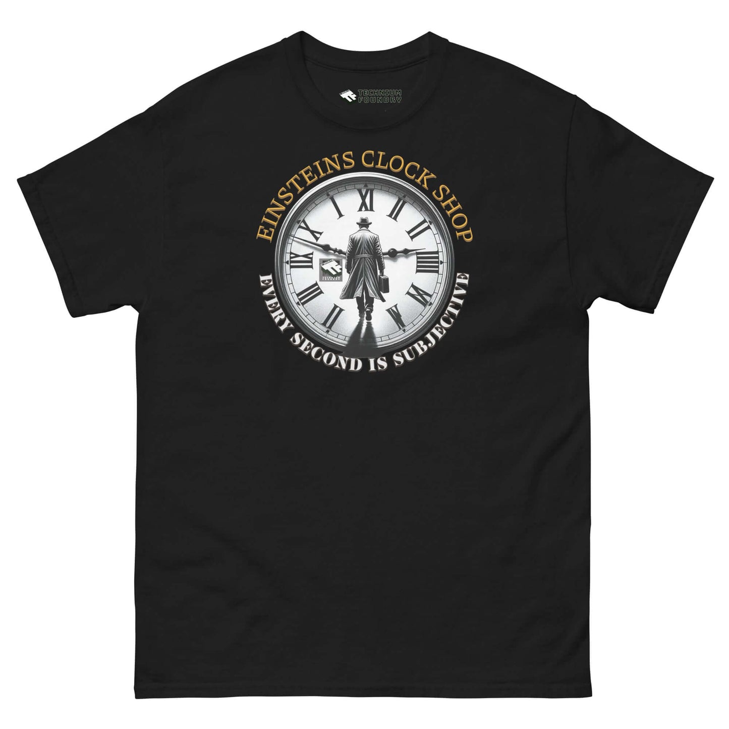 Einstein's Clock Shop T-Shirt featuring a whimsical clock design with a scientific twist on time relativity by Technium Foundry.