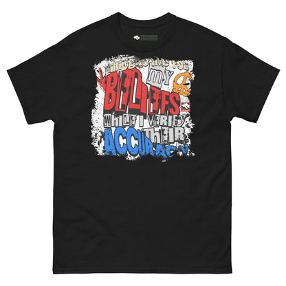 Black "Willing to Live for My Beliefs" T-shirt with bold red and blue typographic design by Technium Foundry.