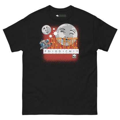 Space-themed T-shirt featuring periodic table design, winking Moon, astronaut skating, and the phrase "Skate in Space Periodically."