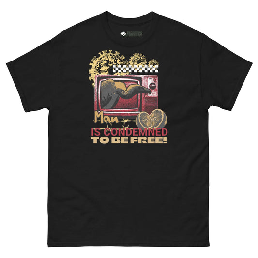 Vintage TV format T-shirt with Sartre quote, brooding crow, and retro graphics by Technium Foundry.