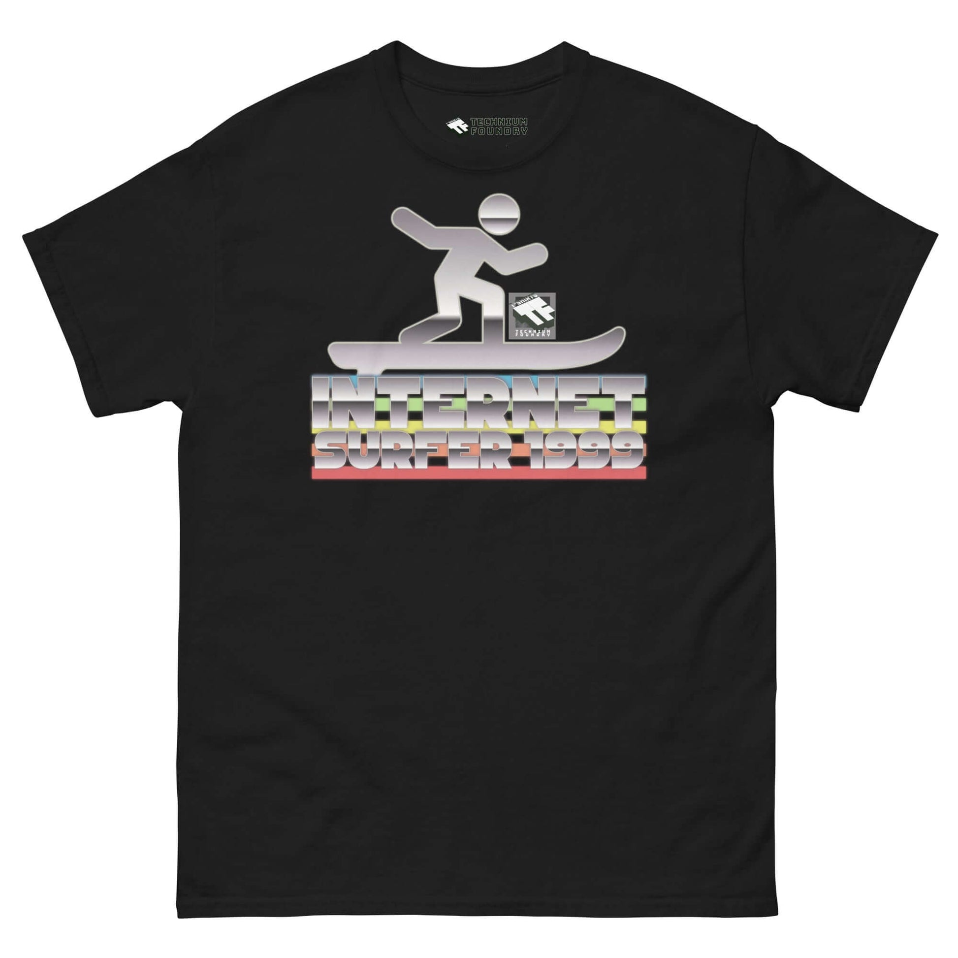 Retro "Internet Surfer 1999" T-shirt with chrome digital wave rider and typography by Technium Foundry, black background.