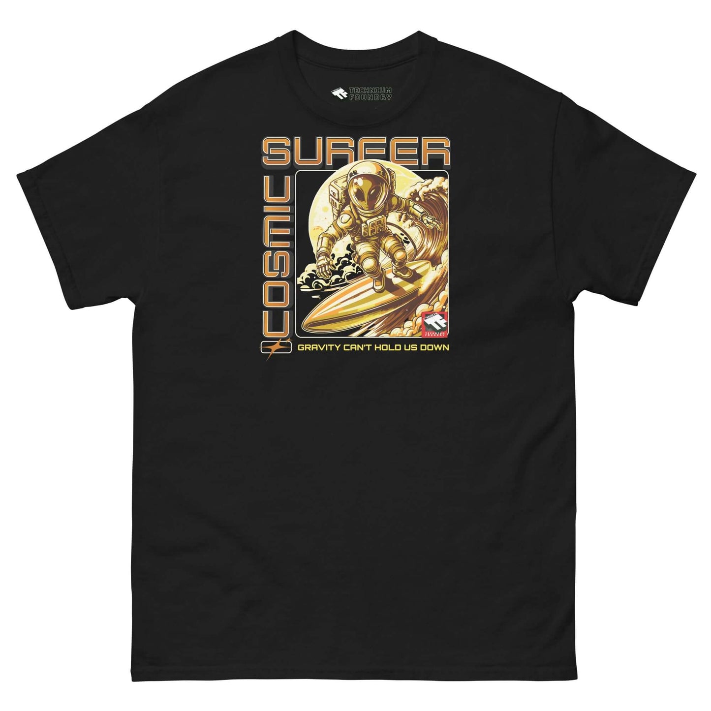 Cosmic Surfer T-Shirt featuring an astronaut surfing in space with retro-tech gold tones and "Gravity Can't Hold Us Down" text.