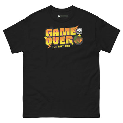 Black T-shirt with "Game Over, Flat Earthers!" design in 16-bit pixelated style featuring a globe and retro arcade theme.