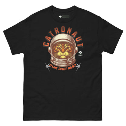 Black T-shirt featuring a Catronaut design with a cat in a space helmet, labeled "Feline Space Medal" by Technium Foundry.