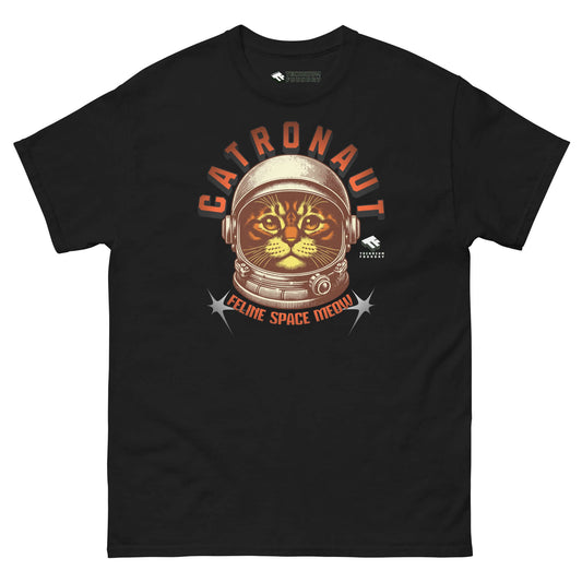 Black T-shirt featuring a Catronaut design with a cat in a space helmet, labeled "Feline Space Medal" by Technium Foundry.