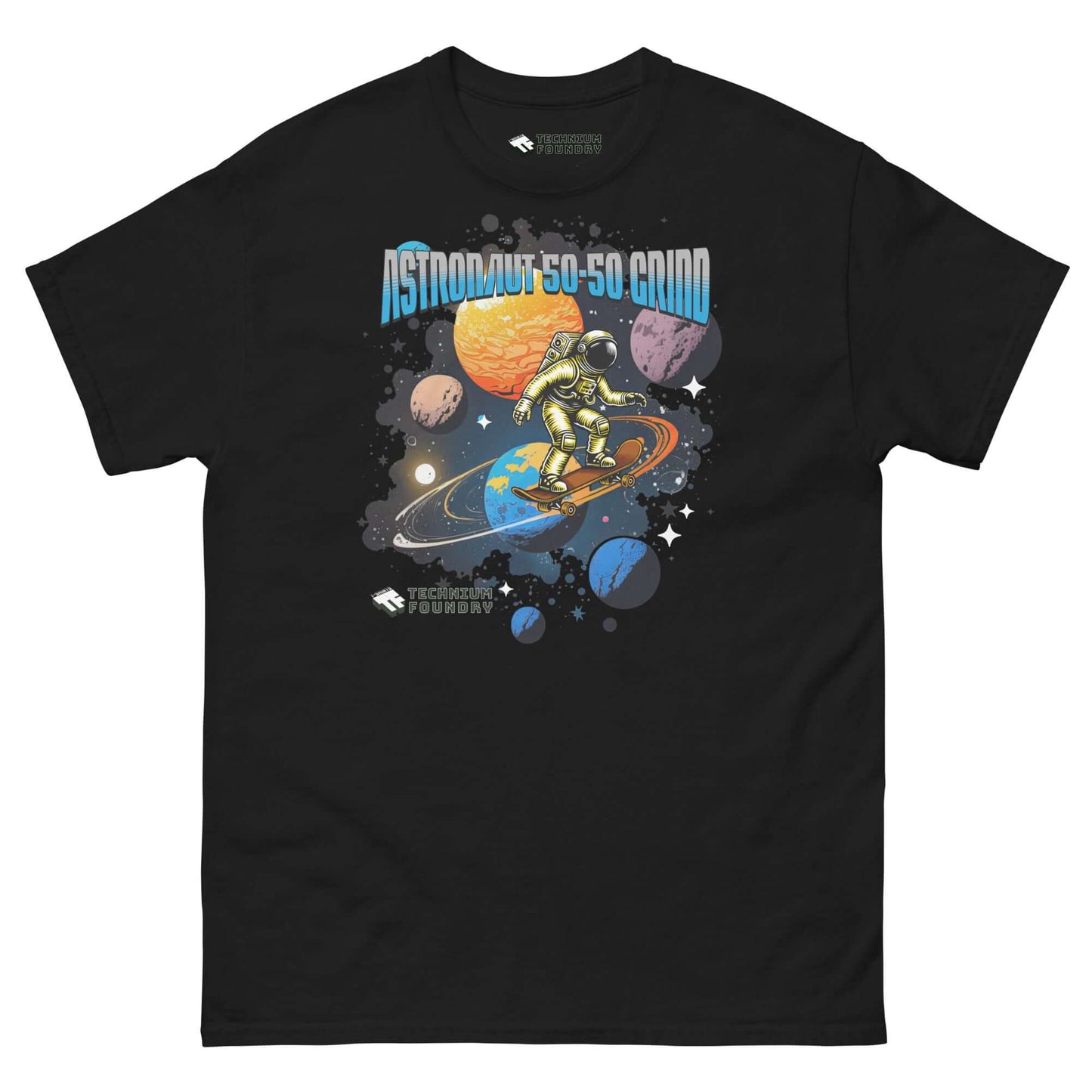 Astronaut performing 50-50 grind on planets, Technium Foundry T-Shirt, space-themed design with Saturn's rings and cosmic elements.