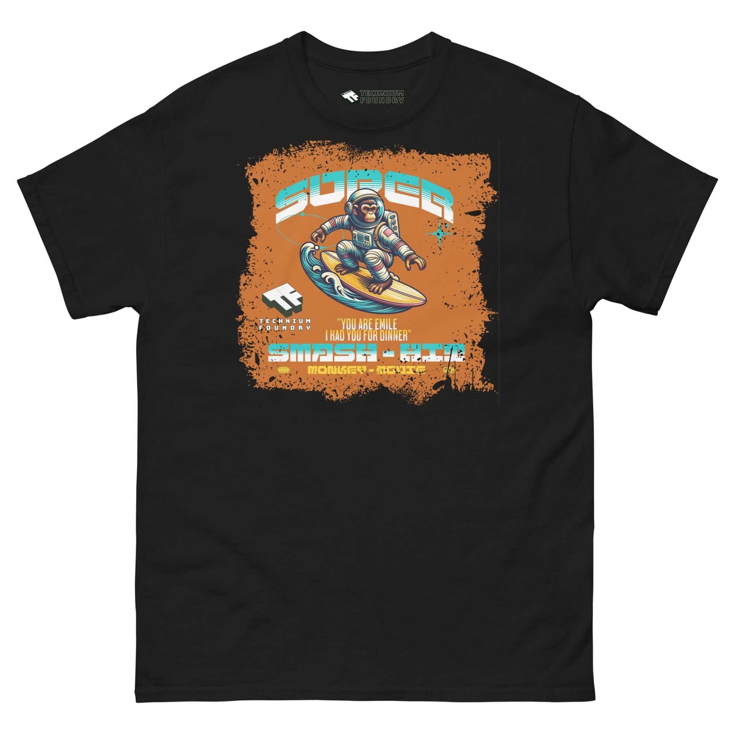 Retro gaming t-shirt featuring an astronaut skateboarding through cyberspace with "Super Smash & Click" design by Technium Foundry.