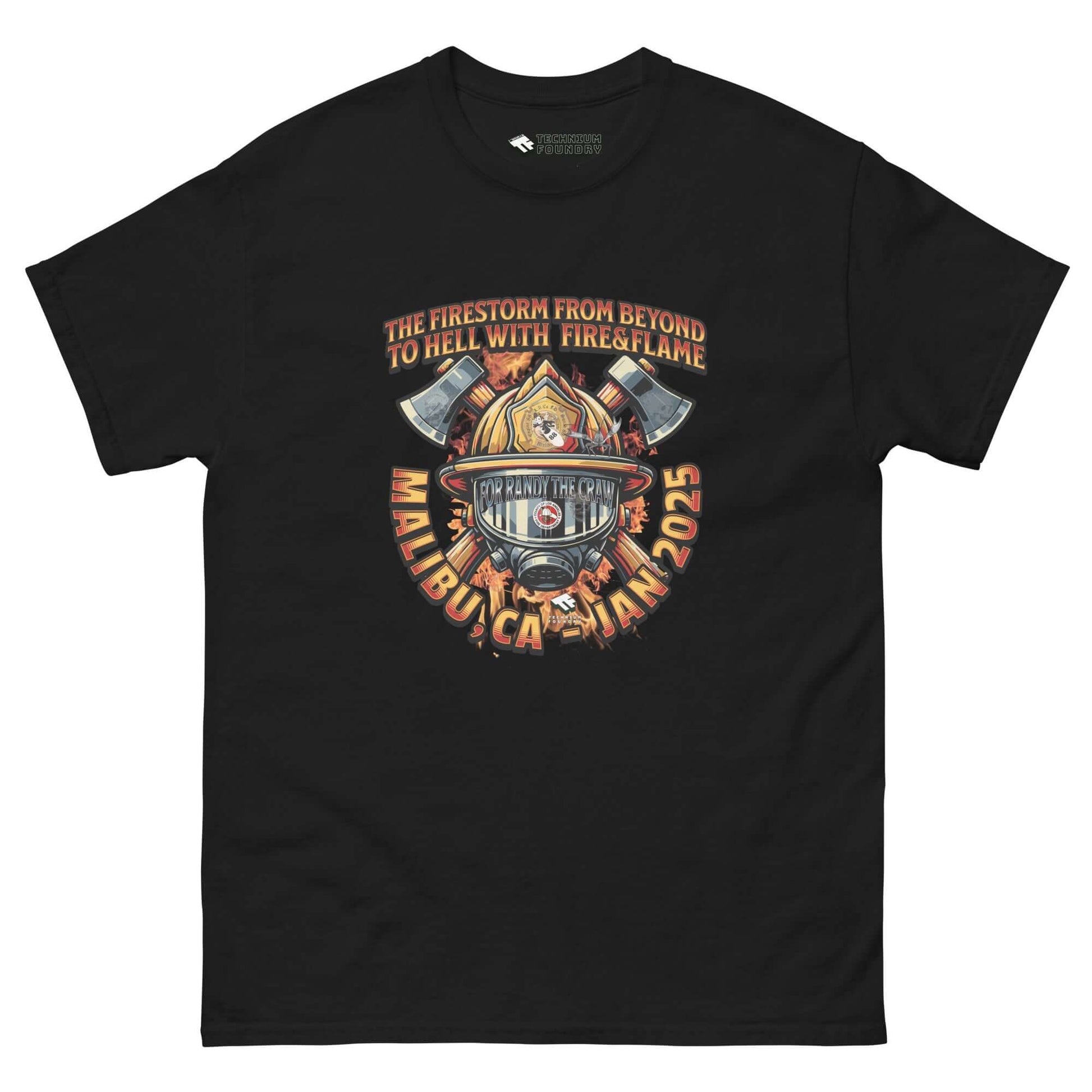 Black "The Firestorm From Beyond" LAFD Support T-Shirt with firefighter helmet design honoring Malibu's brave firefighters.