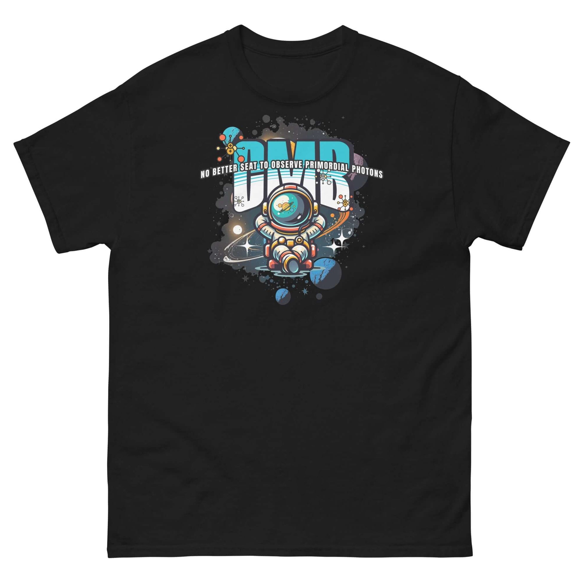 "Primordial Photons astronaut t-shirt featuring cute space explorer and planets in a cosmic graffiti-style design"