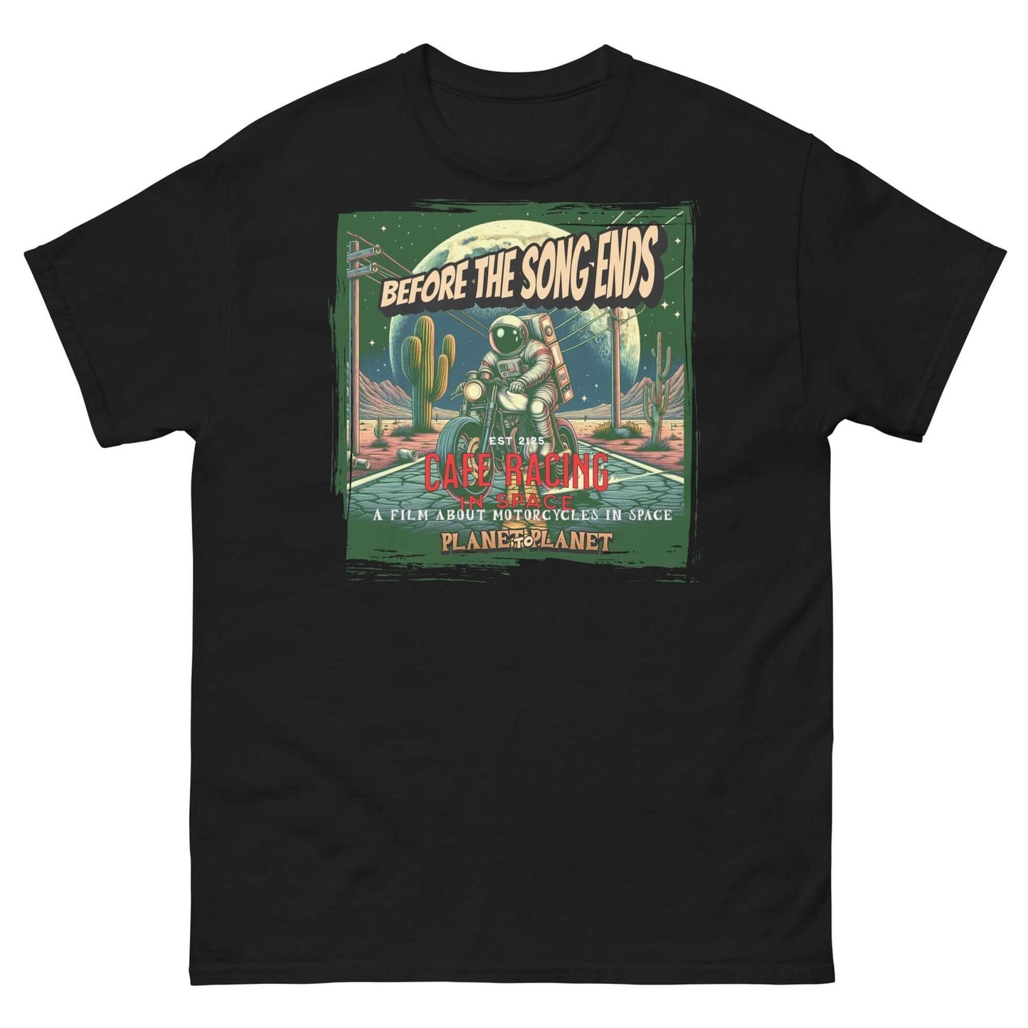 Vintage cafe racer t-shirt featuring astronaut in desert with cacti and celestial backdrop, styled as a retro movie poster.