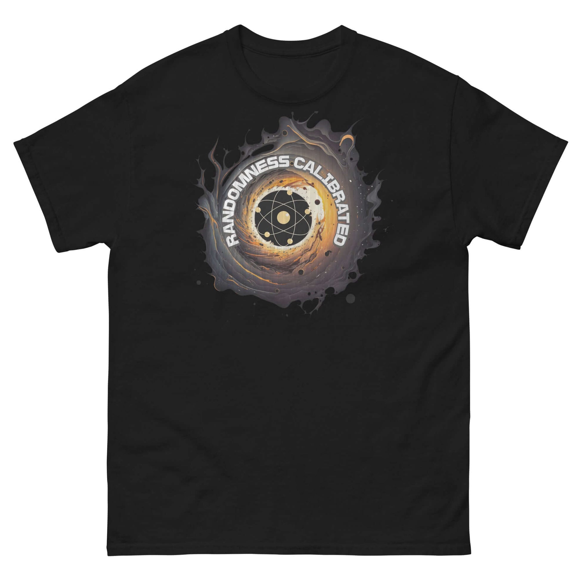 Quantum Physics T-Shirt with Atomic Vortex Design and "RANDOMNESS CALIBRATED" Text