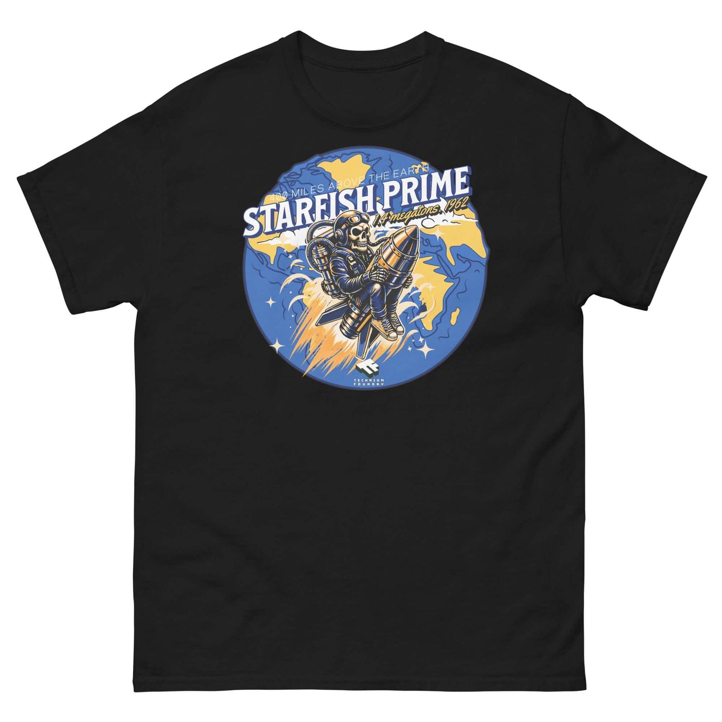 Retro Starfish Prime T-Shirt featuring a space-suited figure riding a nuclear warhead in a vintage design.