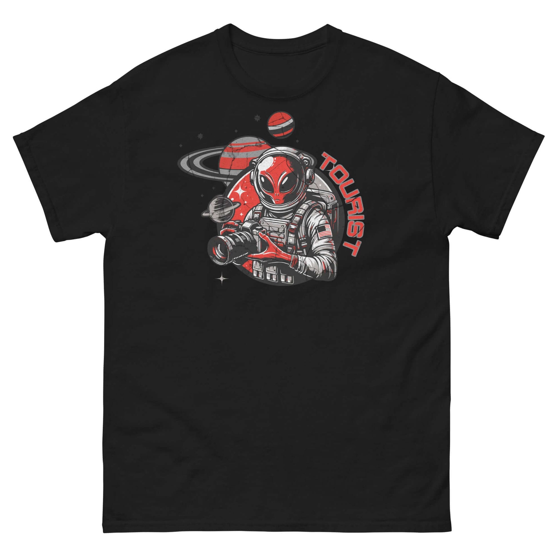 Black T-shirt featuring an alien in a space suit taking photos at the red planet with Saturn's rings in the background.