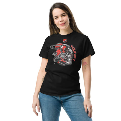 Woman wearing Space Tourist T-Shirt featuring alien taking photos at Saturn's rings, Red Planet Explorer Tee design.